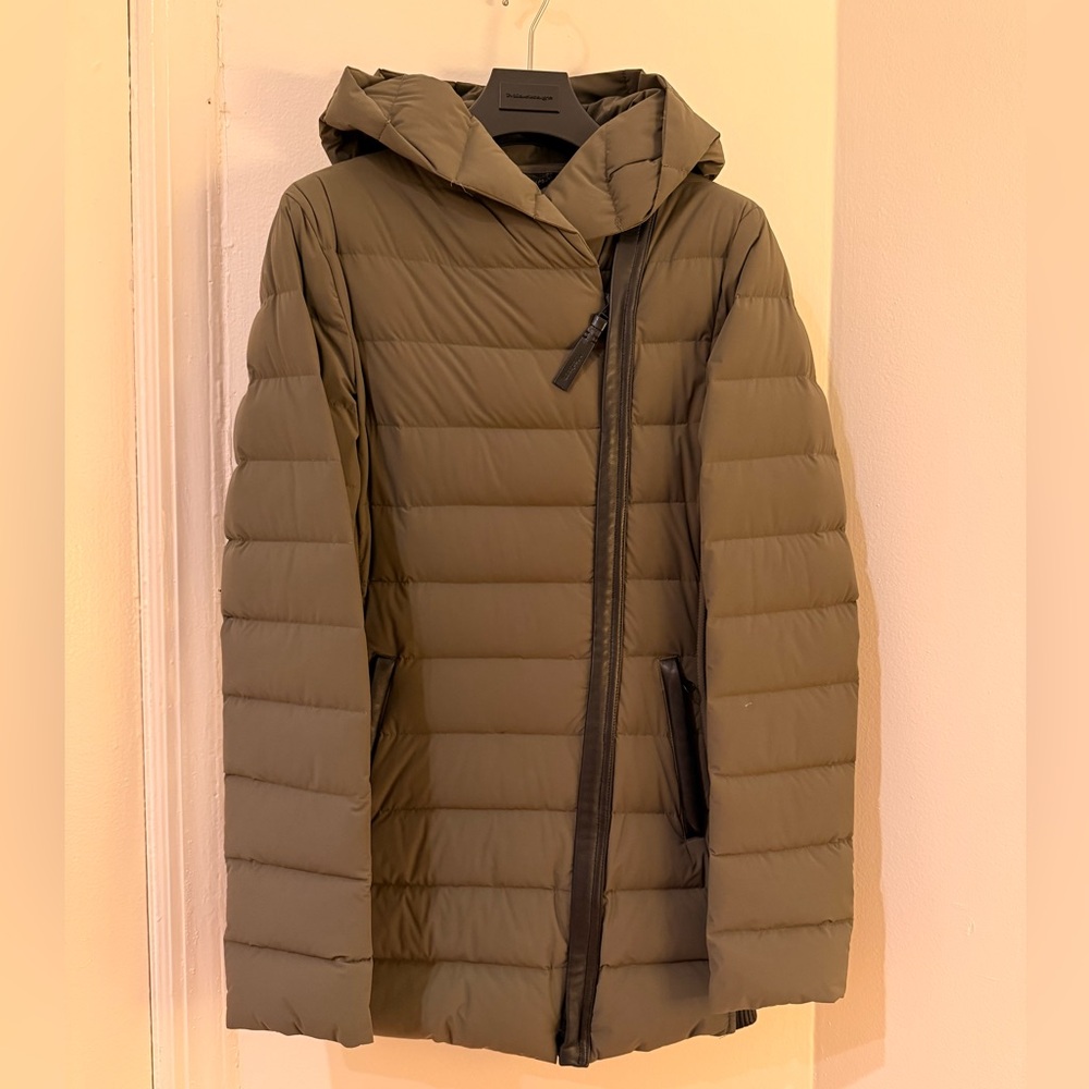 MACKAGE Women’s Olive Puffer Jacket with Black Leather Accents